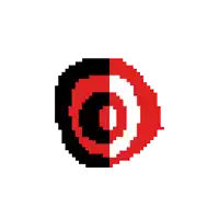a pixel art of a red target with a black circle in the middle .