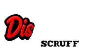 a red and black logo for disponible scruff with a purple devil face