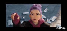 a girl with purple hair and a pink sweater is pointing
