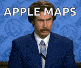 a man in a suit and tie is sitting in front of a blue background with the words apple maps written on it .