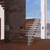 a drawing of a person walking up a set of stairs with a sign on the wall that says 7101