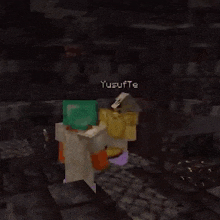 two minecraft characters are standing next to each other on a rock in a dark room .