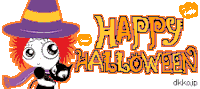 a cartoon girl in a witch hat is standing next to the words happy halloween