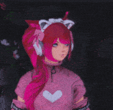 a girl with pink hair is taking a selfie with a phone