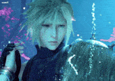 cloud strife from final fantasy holding a woman 's hand in a video game scene