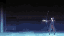 a person is holding a bow and arrow in the dark