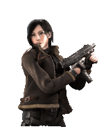 a woman in a brown jacket is holding a gun with a white background