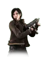 a woman in a brown jacket is holding a gun with a white background