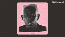 a black and white photo of a man on a pink background with pix on the bottom