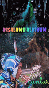 a man smoking a cigarette in front of a sign that says " assalamu ' alaikum "
