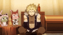 a man sits on a stump next to a stuffed animal and a bottle