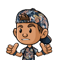 a cartoon boy wearing a floral hat giving two thumbs up