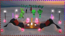 a happy birthday greeting card with a table and chairs in the background