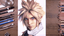 a drawing of cloud strife is surrounded by pencils and markers