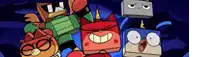 a group of cartoon characters are standing next to each other and one of them has a unicorn horn on his head