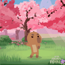 a cartoon of a bear standing in front of a cherry blossom tree