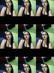 a collage of images of a woman wearing glasses and a black tank top