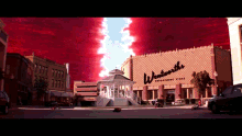 a store called westworth 's has a red sky in the background