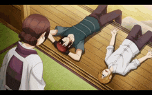 a group of anime characters laying on the floor including a woman