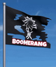 a black flag that says boomerang with a flower on it