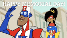 a cartoon of a man in a superhero costume and a woman in a superhero costume says happy memorial day