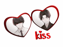 two hearts with a picture of a man and the word kiss below them