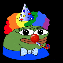 a green frog wearing a party hat and a clown nose is holding a lollipop