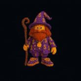 a cartoon character with a beard wearing a purple wizard outfit with dollar signs on it