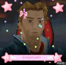 a man with a pink bow on his head is surrounded by pink stars and the words im moon 's bf