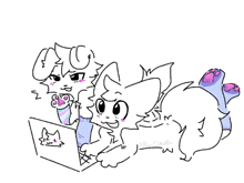 a drawing of two cats looking at a laptop computer .