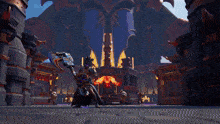 a video game scene with a purple light coming from a statue
