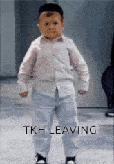 a picture of a little boy with the words tkh leaving written below him