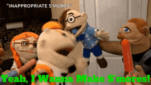 a group of stuffed animals standing next to each other with the words " inappropriate s'mores " on the top