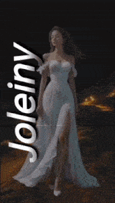 a woman in a long white dress is surrounded by hearts and the word joleiny