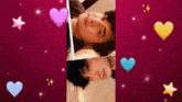 a collage of two pictures of a man with hearts and stars around them