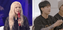 a woman is holding a microphone next to a man