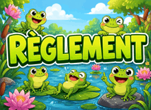 frogs are sitting on lily pads in a pond with the word reglement