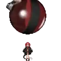 a pixel art of a girl standing next to a red christmas ornament .