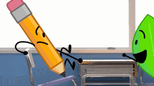 a pencil with a face and arms is being held by a green object