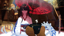 a pixel art drawing of a woman holding an umbrella