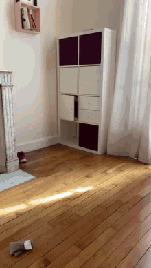 a white shelf with purple bins sits in a room