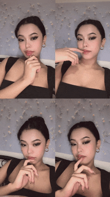 a collage of four photos of a woman in a black tank top