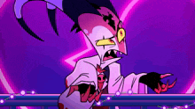 a cartoon character with horns is standing in front of a purple background with christmas lights .