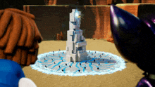 a cartoon character is looking at a tower in the middle of a sandy area