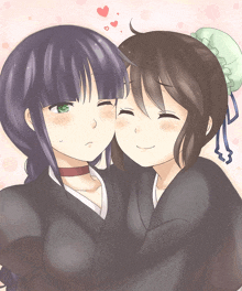 a drawing of two anime girls hugging each other with hearts above them