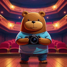 a brown teddy bear holding a sony camera