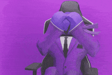 a purple cartoon character in a suit and tie sitting in a chair