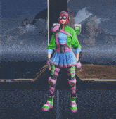 a girl in a green and pink outfit is standing on a pole with mountains in the background