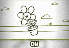 a black and white drawing of a flower in a pot with the words " on " below it