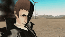 a man in a black jacket is standing in a desert with windmills in the background